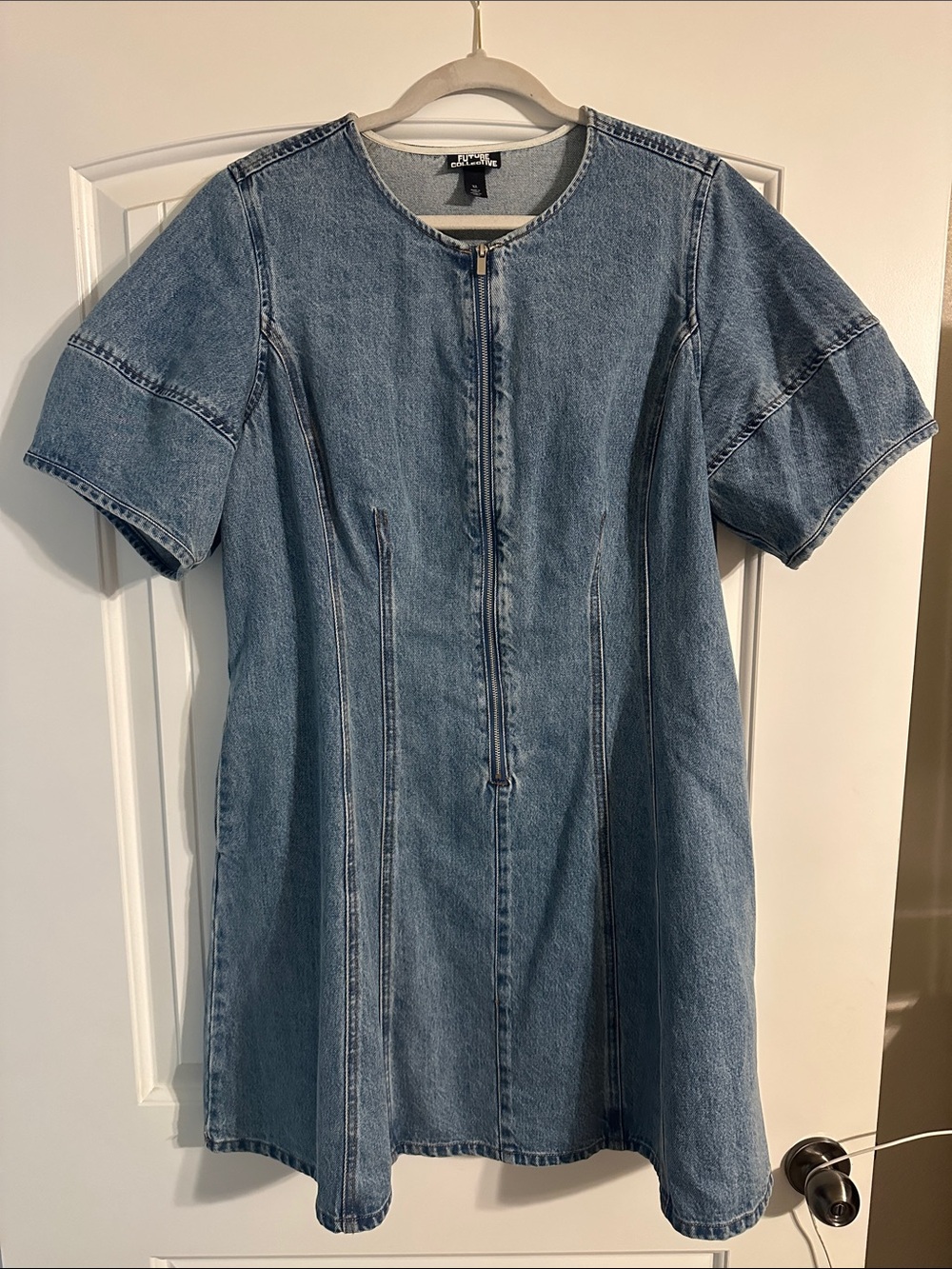 Short-Sleeve Denim Mini Dress with Front Zip - Blue